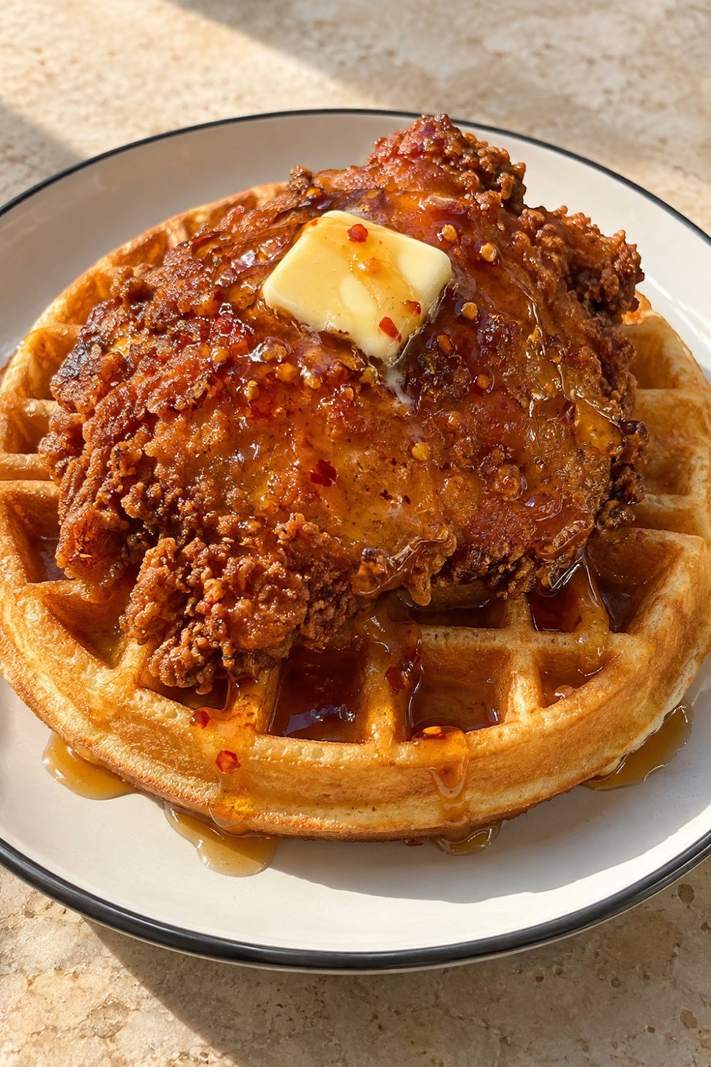 Pinterest asset concept: vertical pin of hot honey chicken and waffles