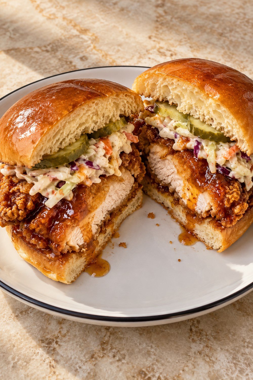Pinterest asset concept: vertical pin of a hot honey fried chicken sandwich