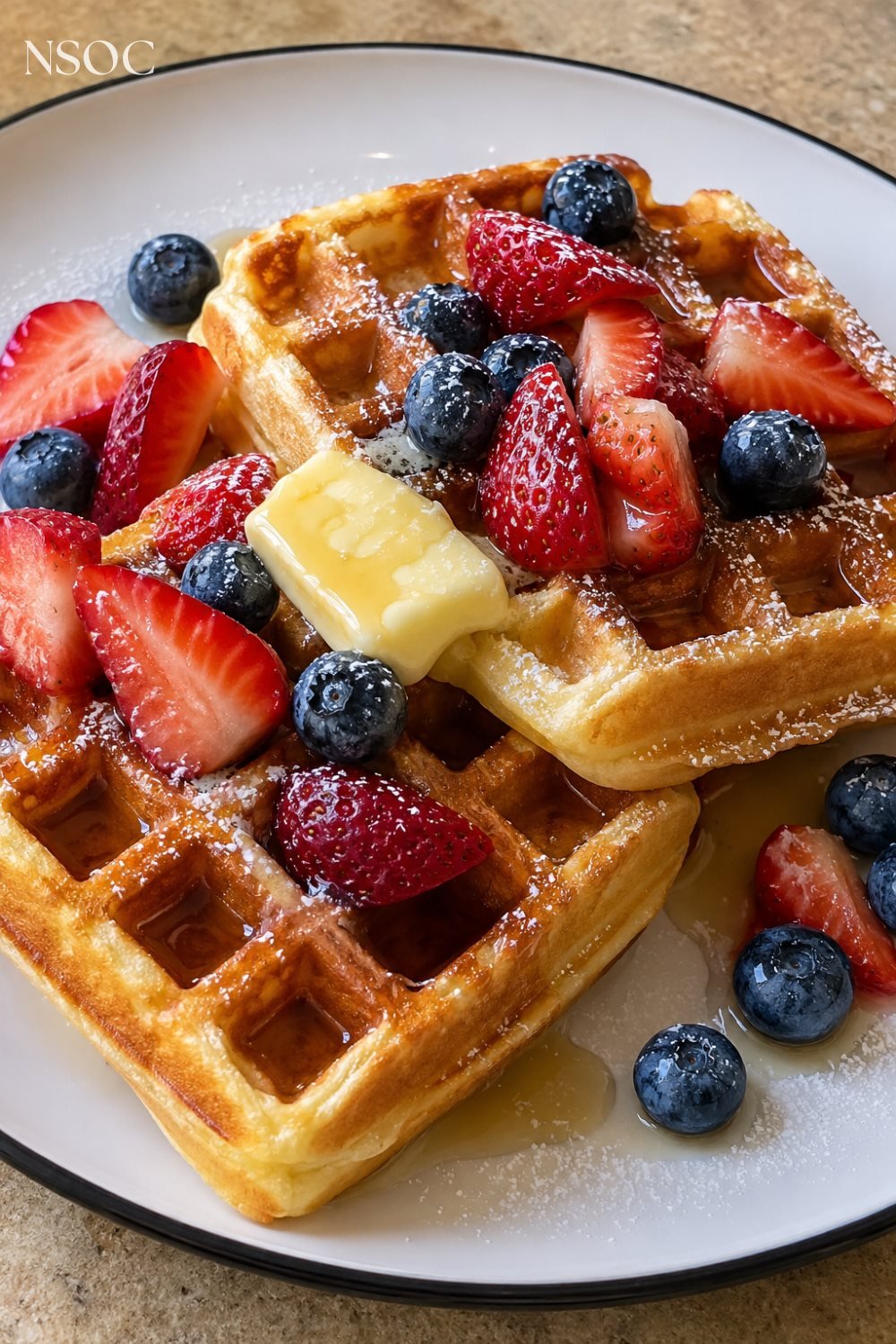 Vertical Pinterest pin of Belgian waffles topped with strawberries and blueberries, an example of NSOC campaign food photography