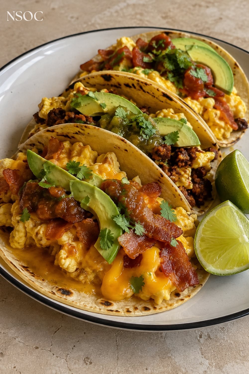 Vertical Pinterest pin of Mexican breakfast tacos with eggs and salsa