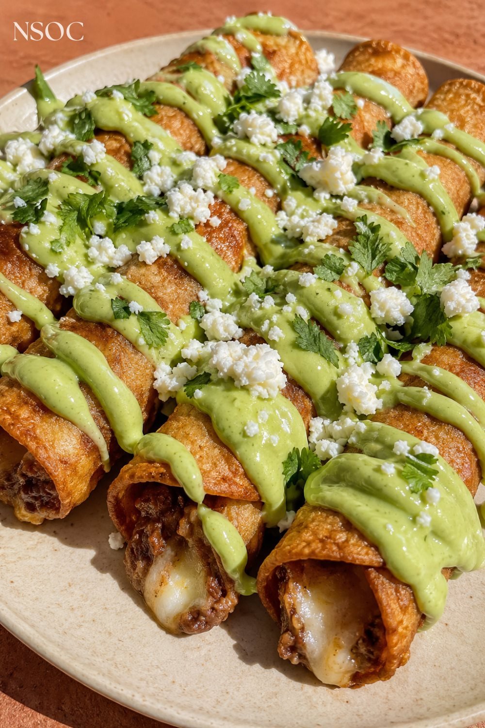 Vertical Pinterest pin of crispy beef taquitos with avocado sauce