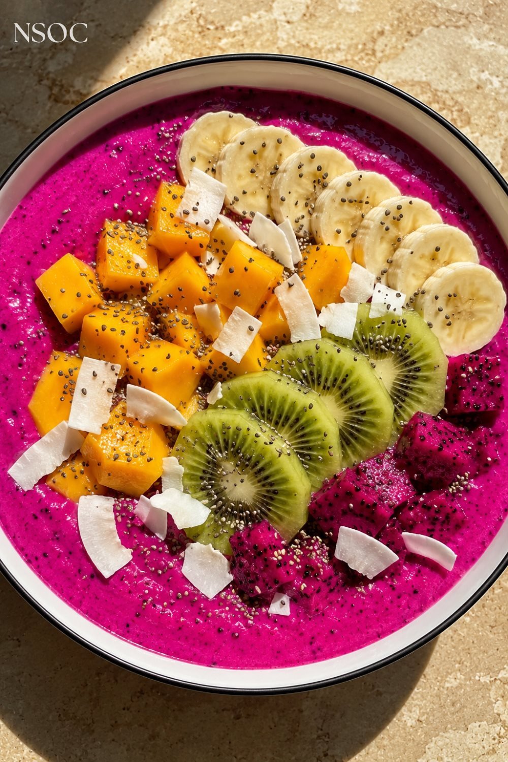Vertical Pinterest pin of a dragon fruit tropical smoothie bowl, an example of NSOC campaign food photography