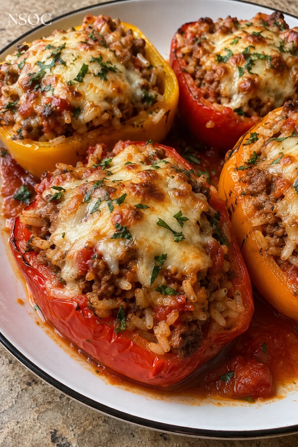 Vertical Pinterest pin of cheesy Italian stuffed peppers
