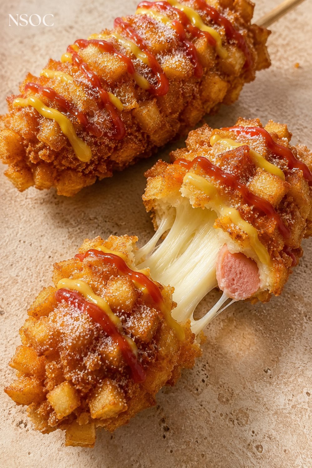 Vertical Pinterest pin of Korean corn dogs with a cheese pull and ketchup drizzle
