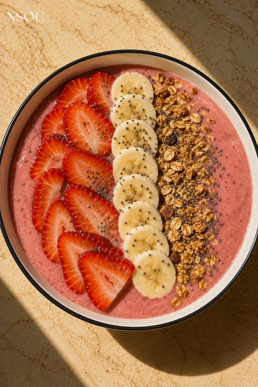 Vertical Pinterest pin of a strawberry smoothie bowl
