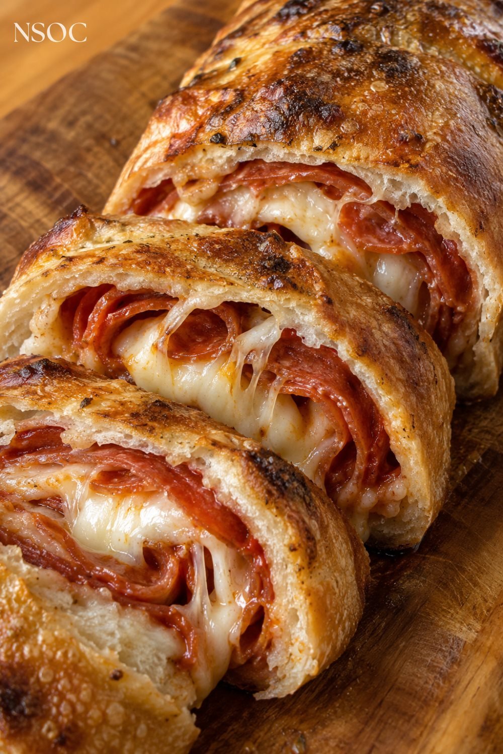 Vertical Pinterest pin of a sliced pepperoni and cheese stromboli, an example of NSOC campaign food photography