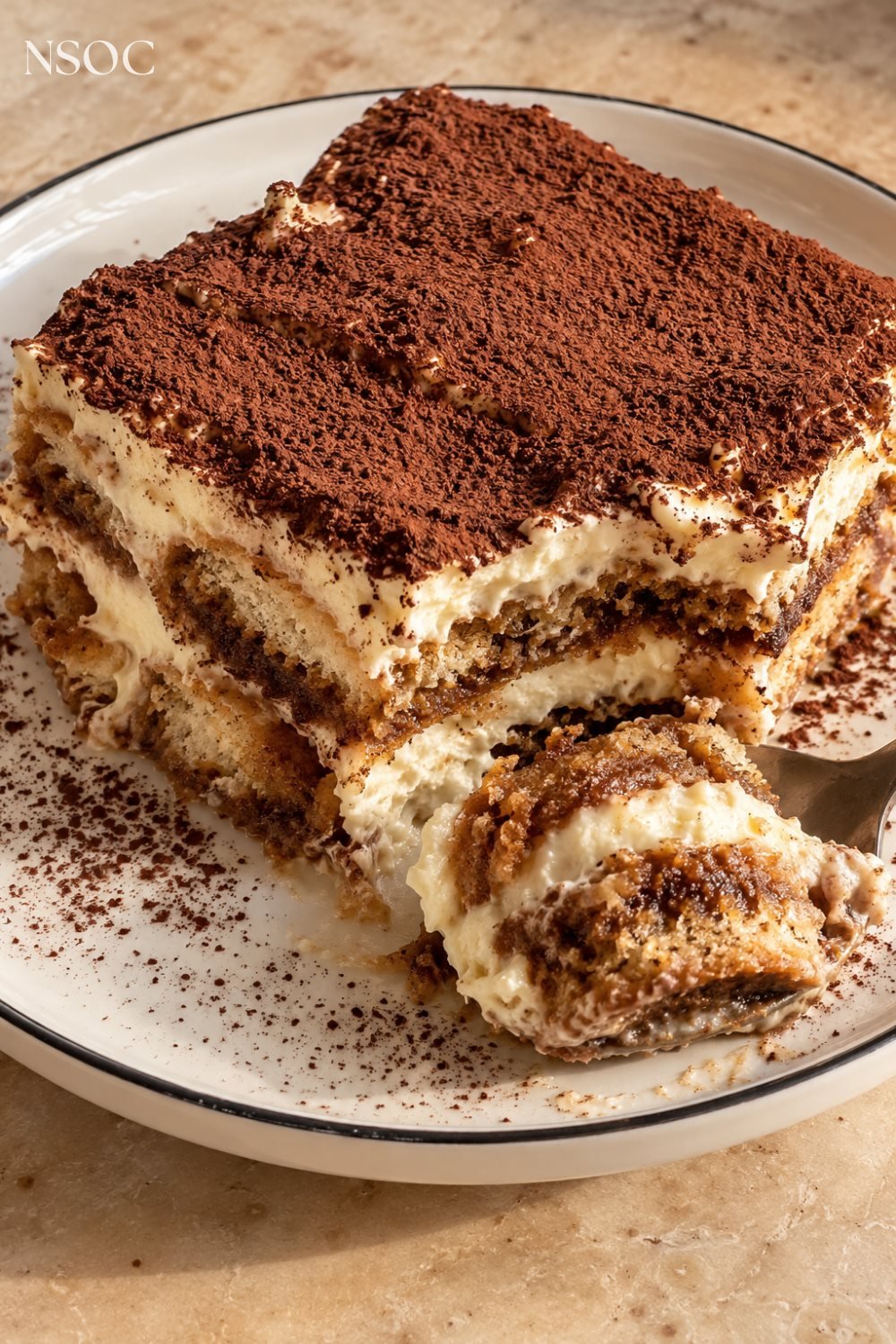 Vertical Pinterest pin of a classic Italian tiramisu, an example of NSOC campaign food photography
