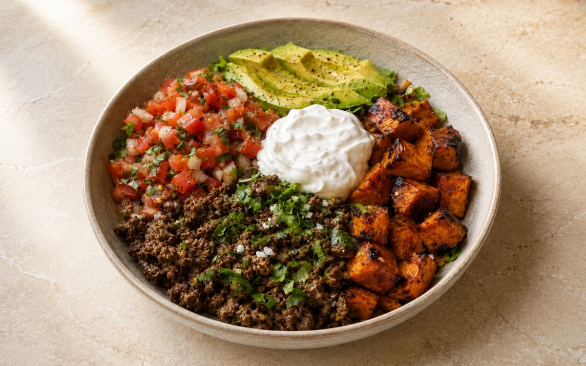 Sweet Potato Ground Beef Burrito Bowl