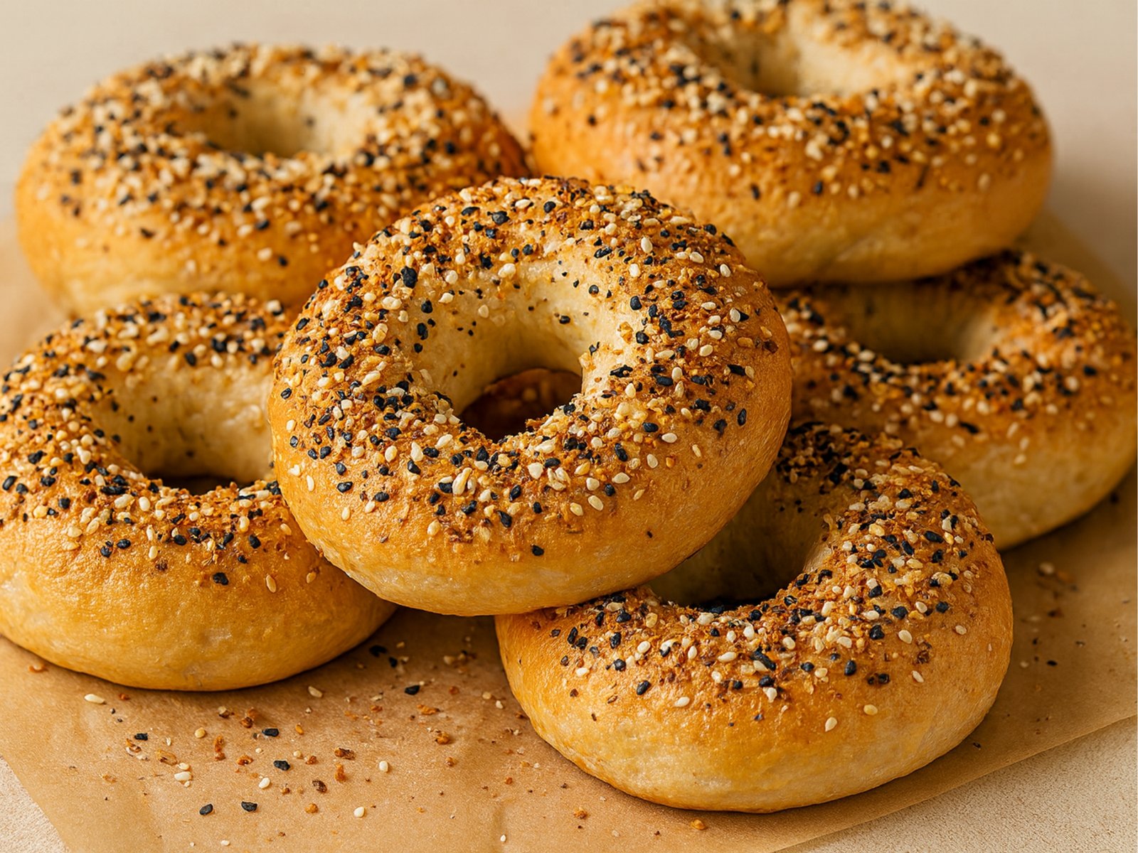 New York–Style Bagels Freshly baked homemade New York-style bagels stacked on a kitchen counter, golden and topped with sesame and poppy seeds.