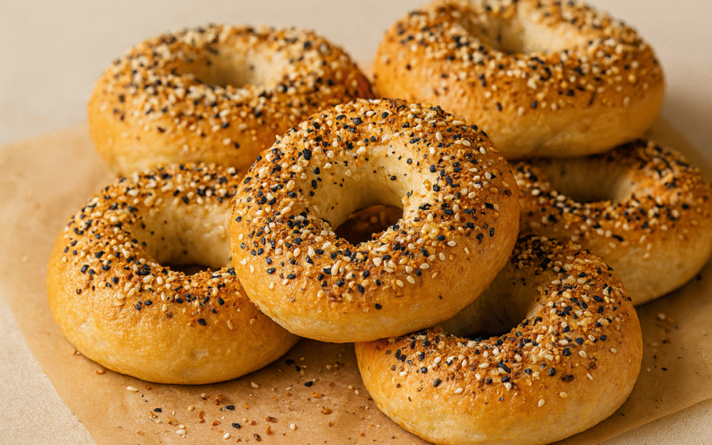 New York–Style Bagels freshly baked new york style bagels with sesame and poppy seeds stacked on parchment