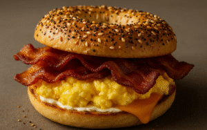 crispy bacon egg and cheese bagel sandwich with cream cheese