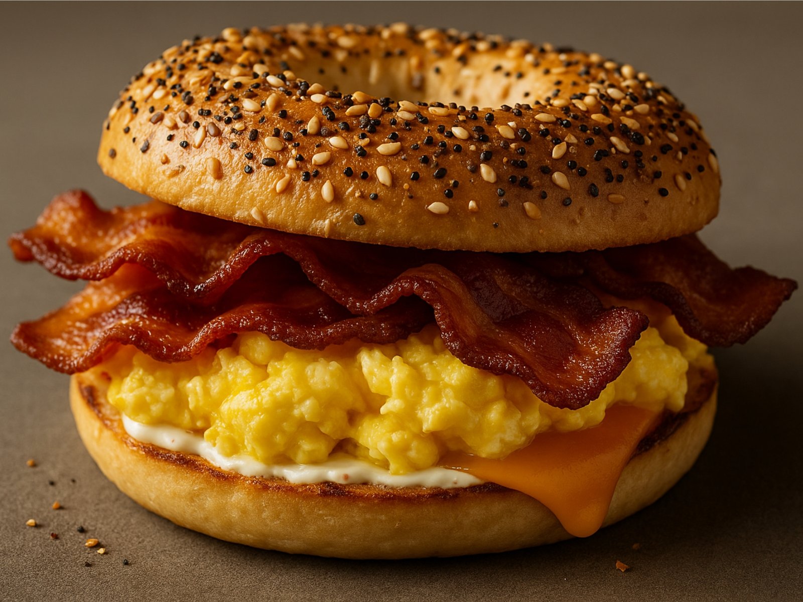 crispy bacon egg and cheese bagel sandwich with cream cheese and chives