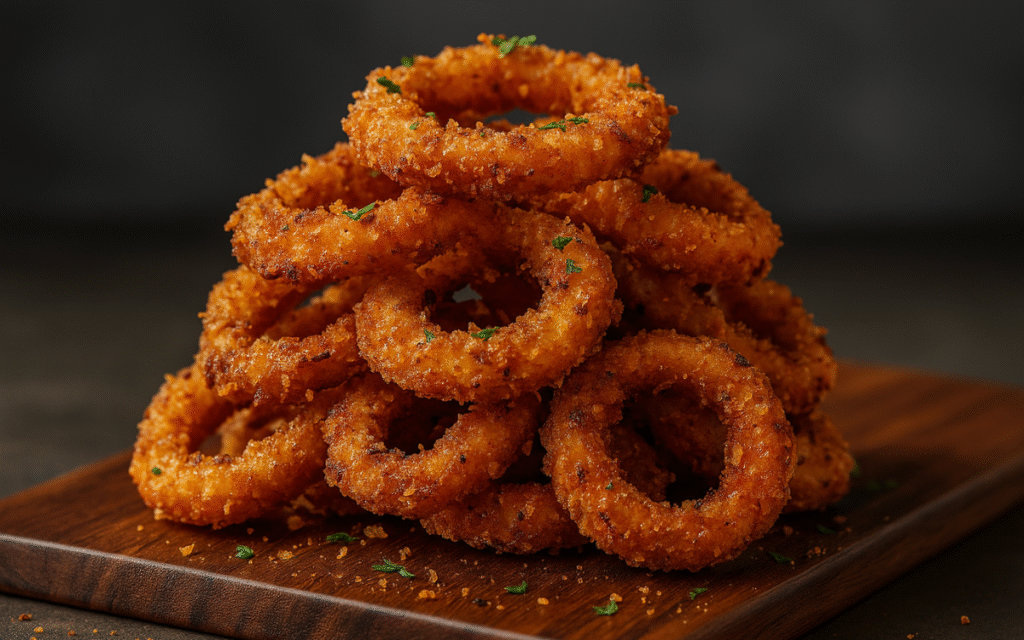 golden crispy onion rings stacked on a wooden board