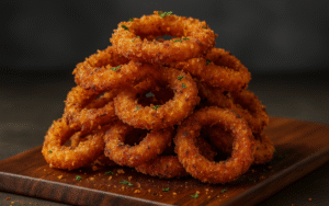 golden crispy onion rings stacked on a wooden board