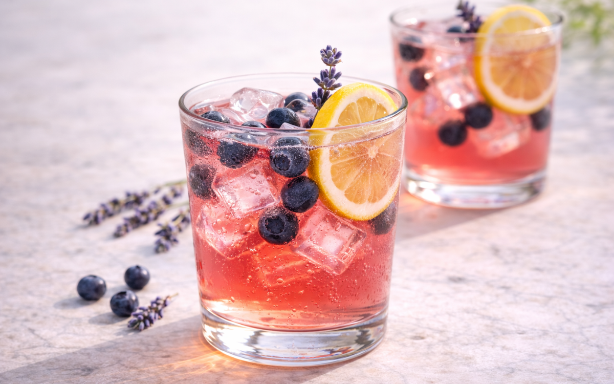 Blueberry Lavender Lemonade blueberry lavender lemonade with lemon slices and lavender sprigs on ice