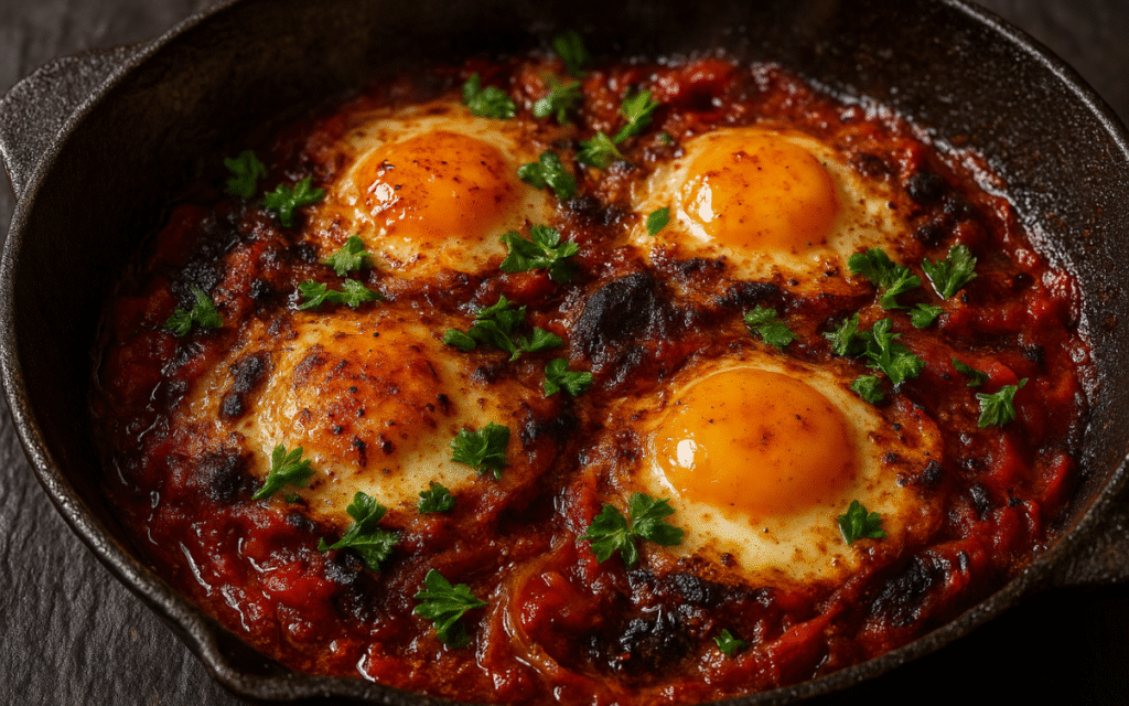 breakfast shakshuka with baked eggs, feta, and cilantro in cast iron skillet
