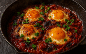 breakfast shakshuka with baked eggs, feta, and cilantro in cast iron skillet