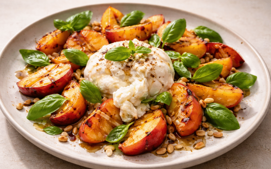 burrata and grilled peach salad with basil, pine nuts, and honey drizzle