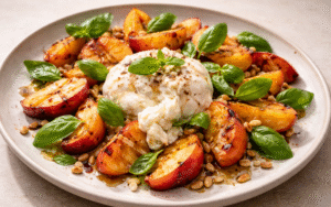burrata and grilled peach salad with basil, pine nuts, and honey drizzle