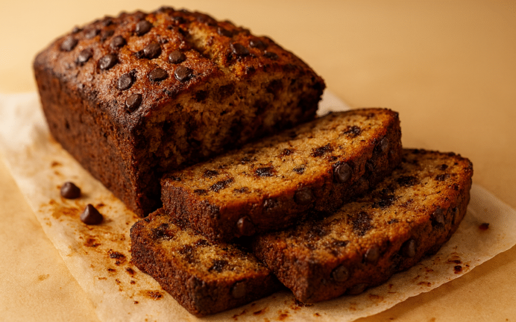 moist chocolate chip banana bread loaf sliced on a parchment paper