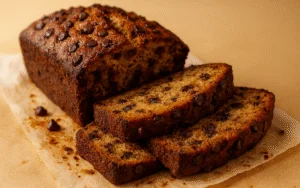 moist chocolate chip banana bread loaf sliced on a parchment paper