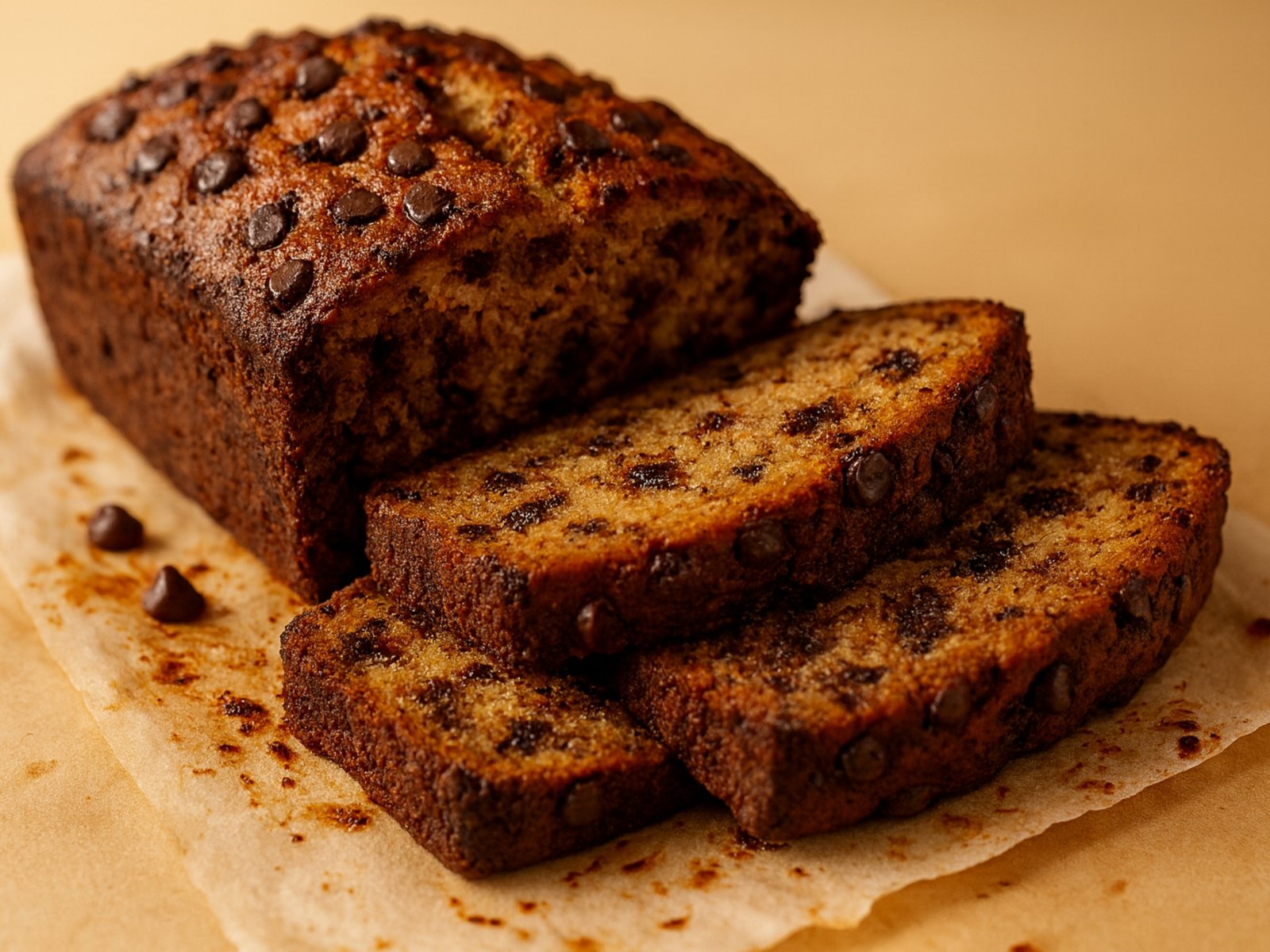 close-up of moist banana bread with melted chocolate chips