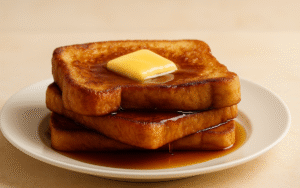golden brioche french toast with butter and maple syrup on a plate