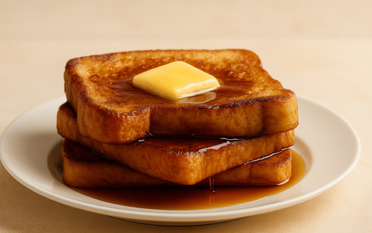 golden brioche french toast with butter and maple syrup on a plate