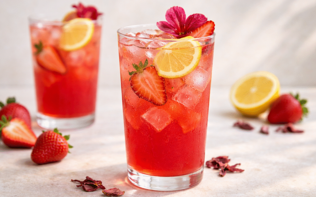 hibiscus strawberry lemonade with ice, lemon slices, and fresh mint sprigs