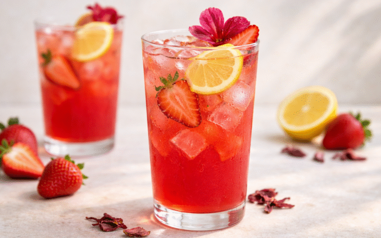 hibiscus strawberry lemonade with ice, lemon slices, and fresh mint sprigs