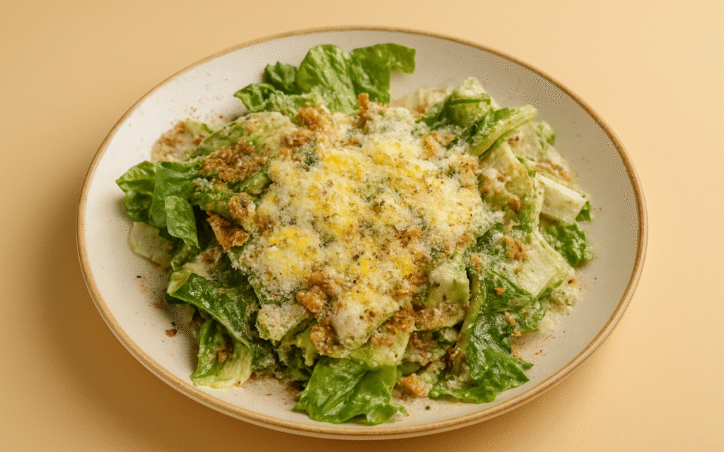  classic caesar salad with romaine lettuce, parmesan, and croutons