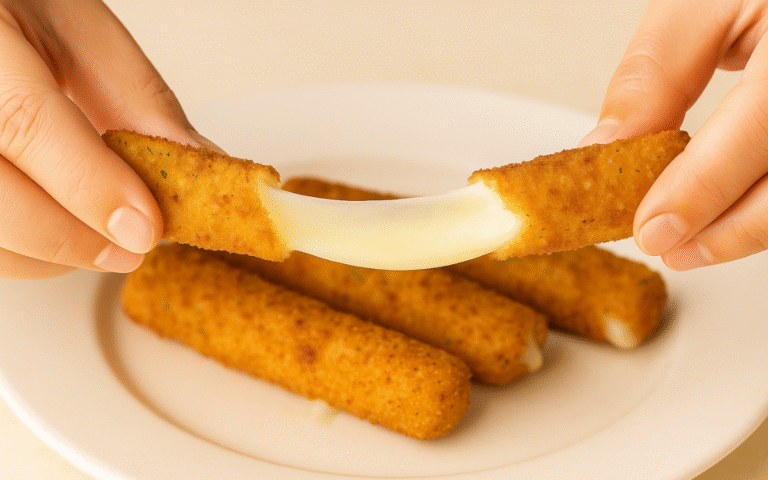 stacked crispy mozzarella sticks with melted cheese pull