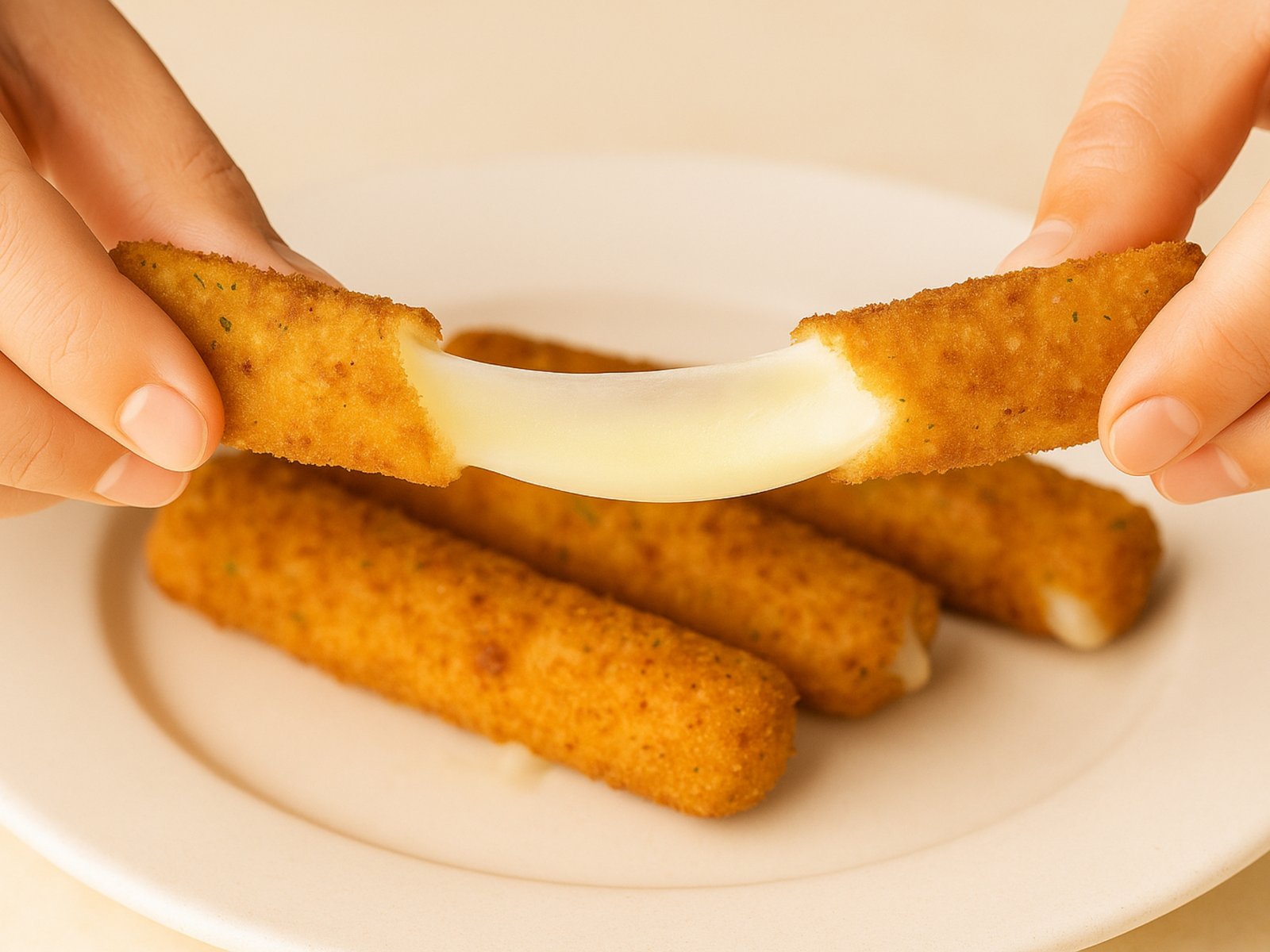 crispy mozzarella sticks with melted cheese pull and dipping sauce