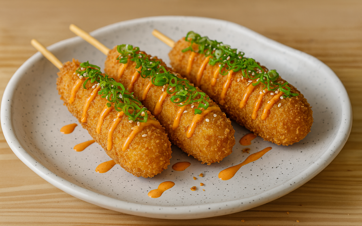 crispy korean corn dogs with mozzarella and gochujang sauce drizzle