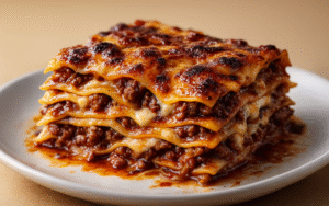authentic lasagne alla bolognese slice with rich meat sauce and melted cheese on plate