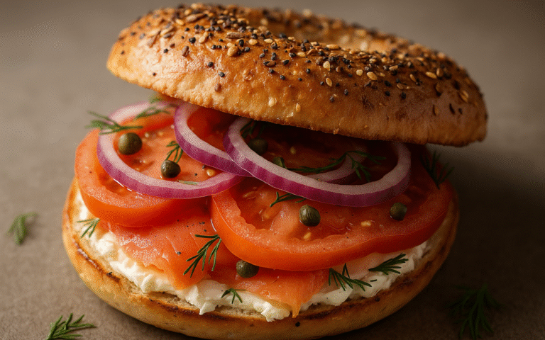 fresh lox and cream cheese bagel topped with dill, capers, and red onion