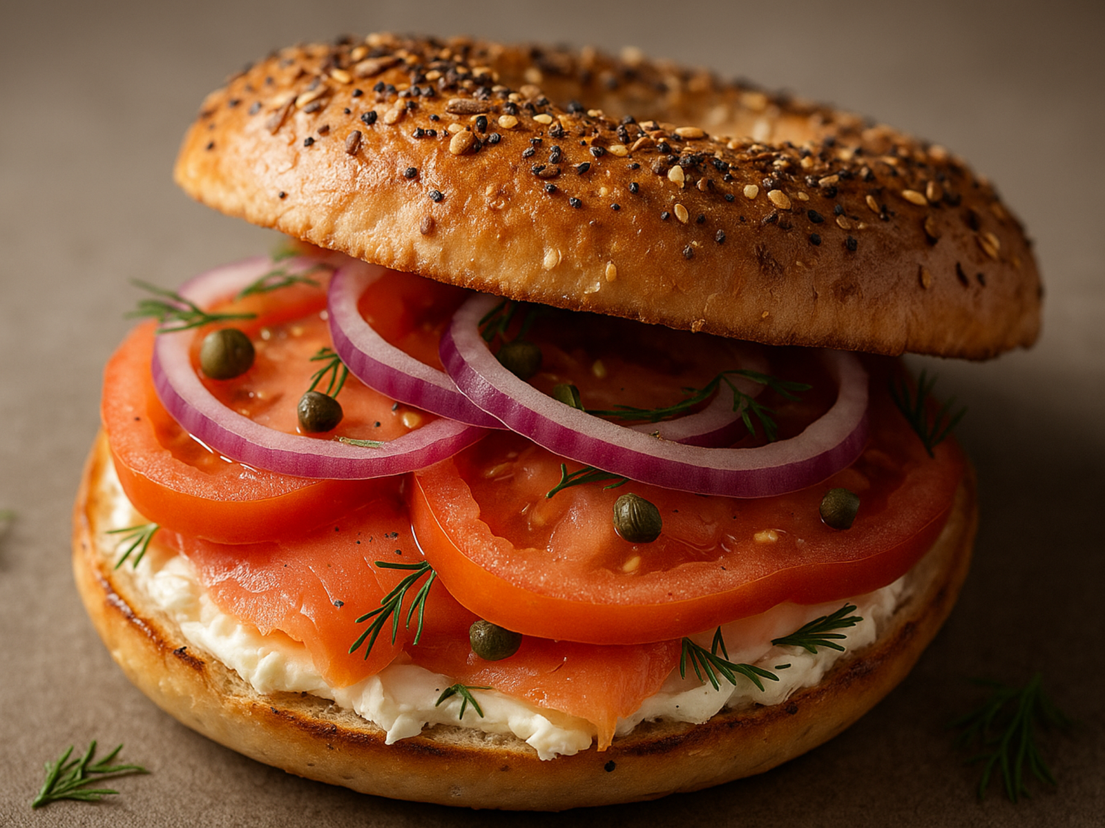 New York-style bagel with whipped cream cheese and smoked salmon