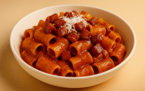 creamy pasta alla zozzona with rigatoni, guanciale, sausage, and pecorino romano