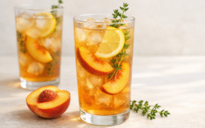 Mango Iced Green Tea peach and thyme iced tea with lemon slices and fresh herbs on ice