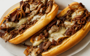 philly cheesesteak sandwich with melted cheese, onions, and sesame hoagie roll