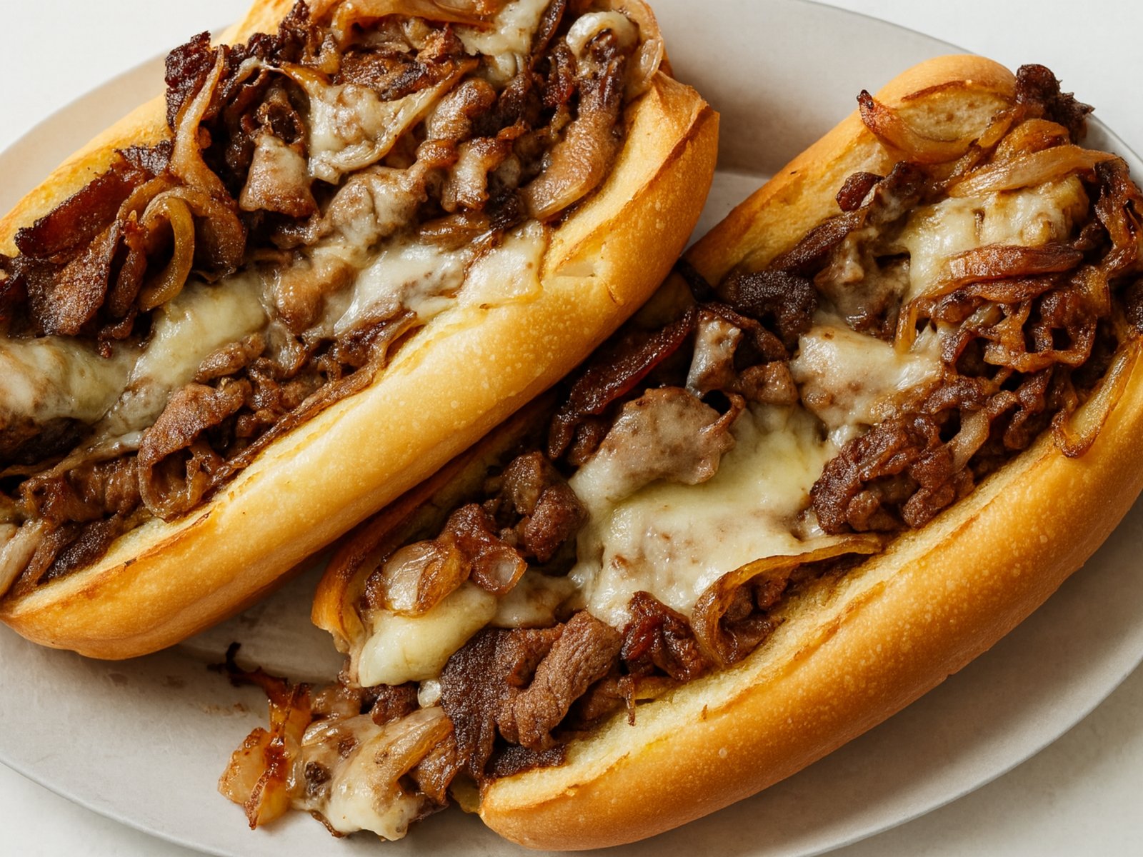 philly cheesesteak sandwich with melted cheese, onions, and sesame hoagie roll