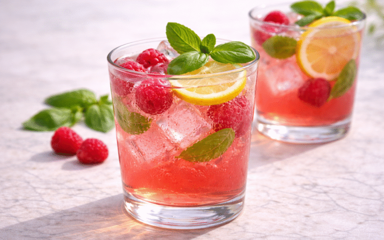 raspberry basil lemonade with lime slices and fresh mint on ice