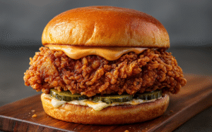 crispy spicy fried chicken sandwich with melted cheese and pickles on brioche bun
