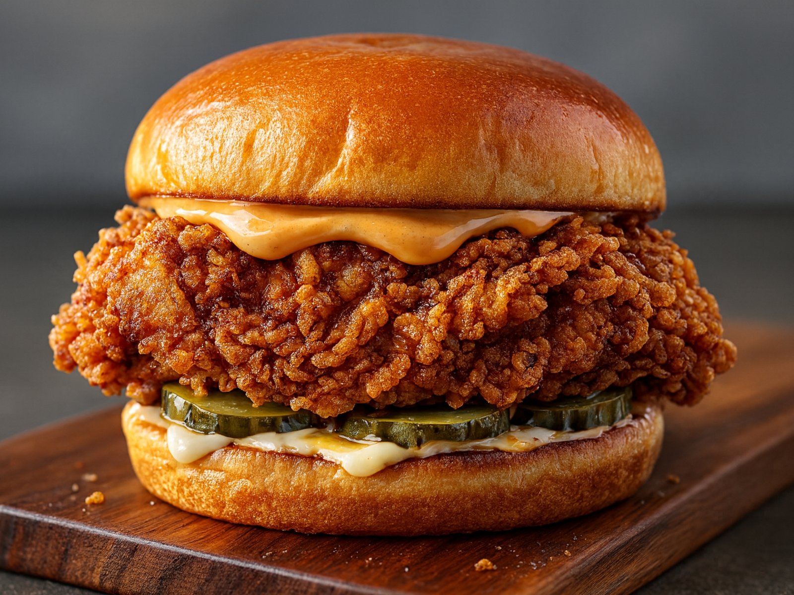 crispy spicy fried chicken sandwich with melted cheese and pickles on brioche bun