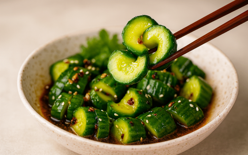 spicy garlic cucumber salad with chili oil and sesame seeds in a bowl