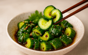 spicy garlic cucumber salad with chili oil and sesame seeds in a bowl