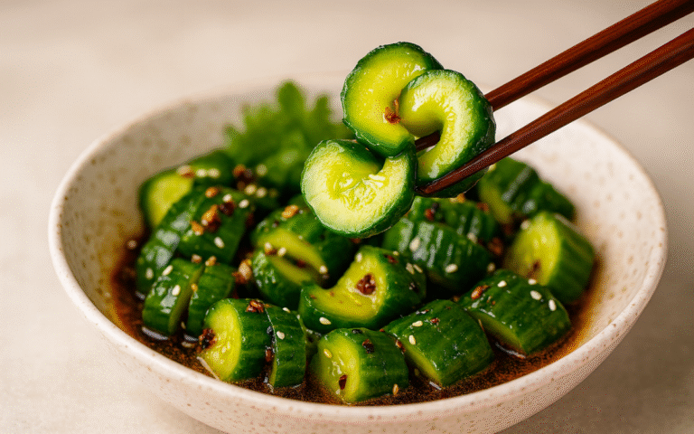 spicy garlic cucumber salad with chili oil and sesame seeds in a bowl