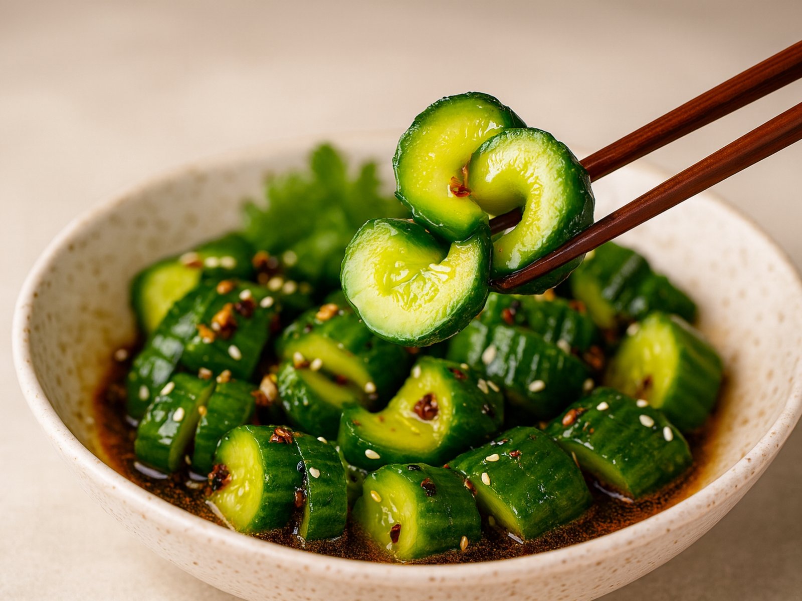 spicy garlic cucumber salad with chili oil and sesame seeds in a bowl