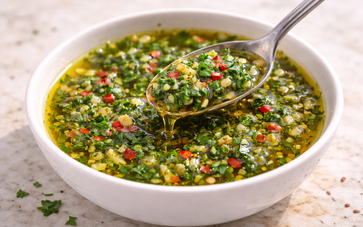 classic argentinian chimichurri sauce in bowl with olive oil and herbs