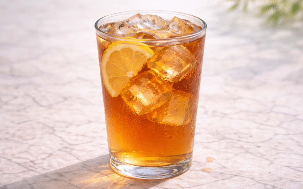 classic iced black tea served over ice with lemon twist